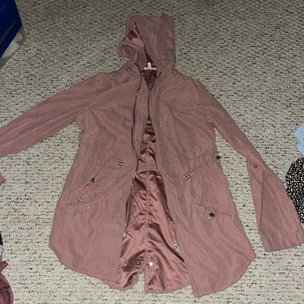 Pink zip up suede jacket, size extra small